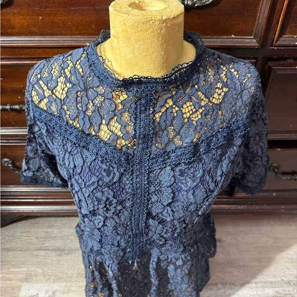 Navy Blue Lace Peplum Blouse with Peter Pan Collar - Picture 2 of 6